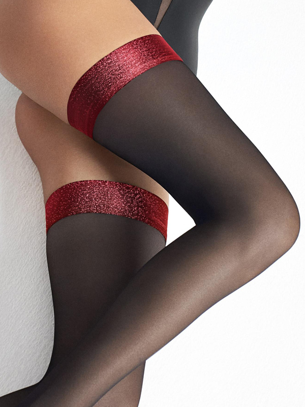 Visualizza Autoreggenti con balza rossa in lurex Coco T21 Black Red